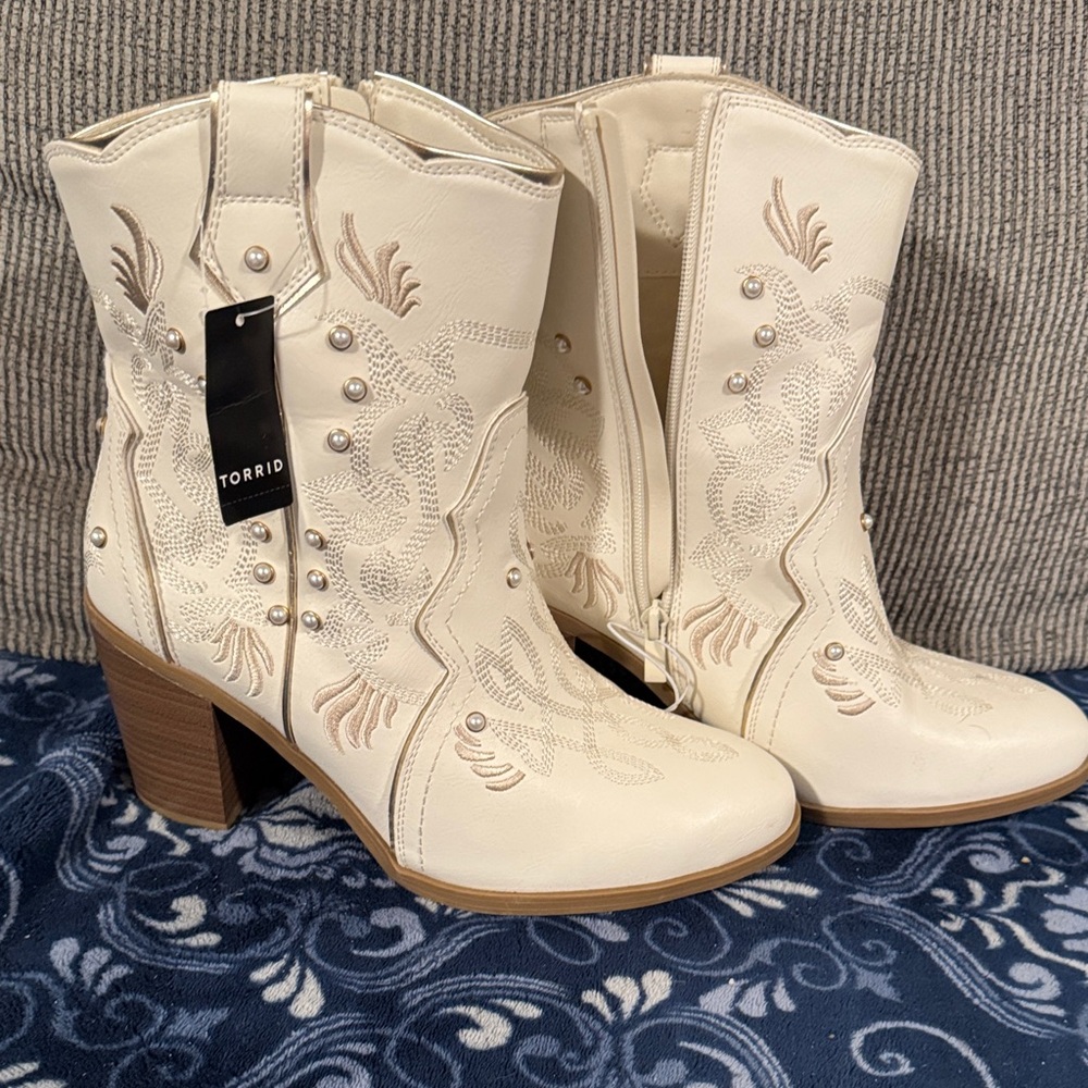 Torrid Cream Embellished Heeled Boots